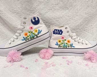 Custom Embroidered Converse Platform Wedding Shoes Star Wars Sunflower | Hand Embroidered Bridal Sneakers | Floral Personalized Wedding Gift