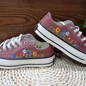 Opossum embroidered low top converse shoes, Custom pet embroidered low top converse shoes, Custom embroidered pets