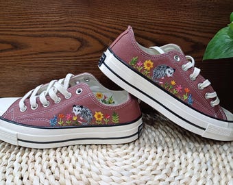 Opossum embroidered low top converse shoes, Custom pet embroidered low top converse shoes, Custom embroidered pets