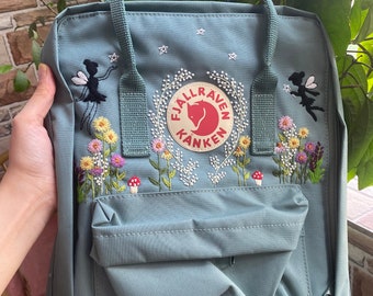 Floral gestickter Fjällräven Kanken Rucksack / Kanken Rucksack bestickt mit Blumen und Engeln / Blumen- und Engelstickerei