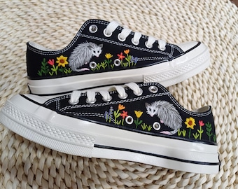 Embroidered Opossum  on Low-Cut Converse Sneakers, Opossum embroidered low top converse shoes, Opossum embroidery design
