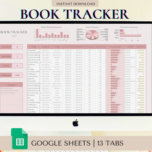 Digital Book Tracker Log Template Google Sheets Book Journal Etsy
