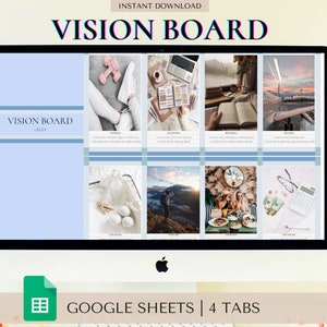 Może przedstawiać: Ekran komputera wyświetlający szablon tablicy wizji z obrazami fitness, czytania, podróży i finansów. Szablon znajduje się w Google Arkuszach z czterema kartami. Tekst "VISION BOARD" jest wyświetlany w kolorze niebieskim i białym.