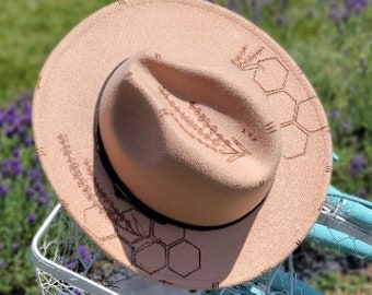 Lavender and honeycomb Panama style burned hat with belt buckle
