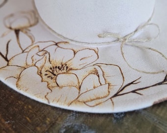 Boho Wedding Hat, Bridal Hat, Custom Burned Hat, Floral Theme, Statement Piece
