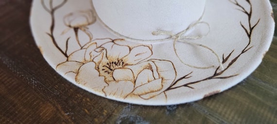 Boho Wedding Hat, Bridal Hat, Custom Burned Hat, Floral Theme, Statement Piece