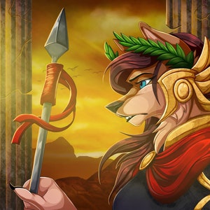 May include: A wolf-like creature with a laurel wreath and golden armor holds a spear with a red ribbon. The background is a sunset with a broken pillar on either side.