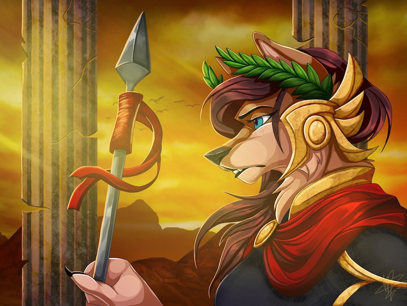 May include: A wolf-like creature with a laurel wreath and golden armor holds a spear with a red ribbon. The background is a sunset with a broken pillar on either side.