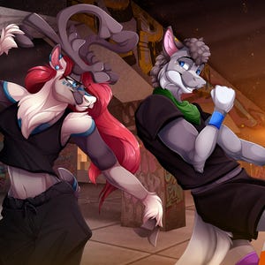 May include: Two anthropomorphic figures, one with a deer-like head and antlers, and the other with a wolf-like head, are shown in a dance pose against a graffiti-covered wall. The deer-like figure is wearing a black tank top and black pants, while the wolf-like figure is wearing a black t-shirt and black shorts. Both figures are wearing colorful bracelets.