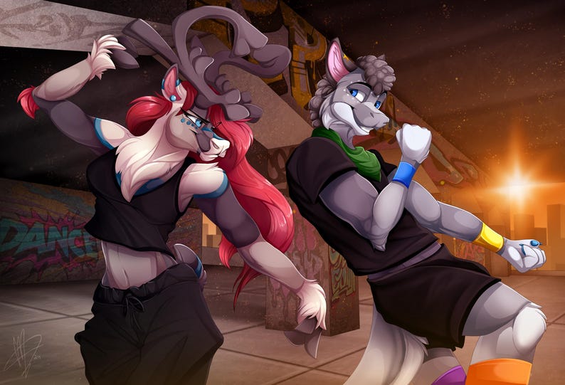 May include: Two anthropomorphic figures, one with a deer-like head and antlers, and the other with a wolf-like head, are shown in a dance pose against a graffiti-covered wall. The deer-like figure is wearing a black tank top and black pants, while the wolf-like figure is wearing a black t-shirt and black shorts. Both figures are wearing colorful bracelets.