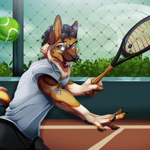 May include: A furry, yellow and brown dog wearing a blue and white shirt, holding a tennis racket and looking at a tennis ball in the air.