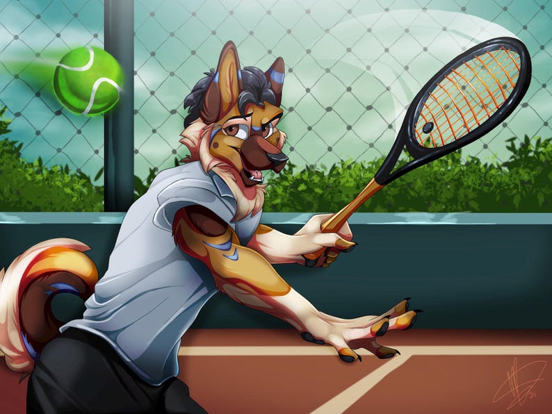 May include: A furry, yellow and brown dog wearing a blue and white shirt, holding a tennis racket and looking at a tennis ball in the air.