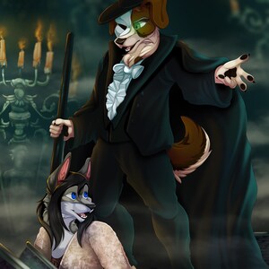 May include: A brown and white dog wearing a black suit and a top hat, with a white mask over its nose and mouth, stands with its right paw raised. A gray and white wolf wearing a white and pink dress looks up at the dog.