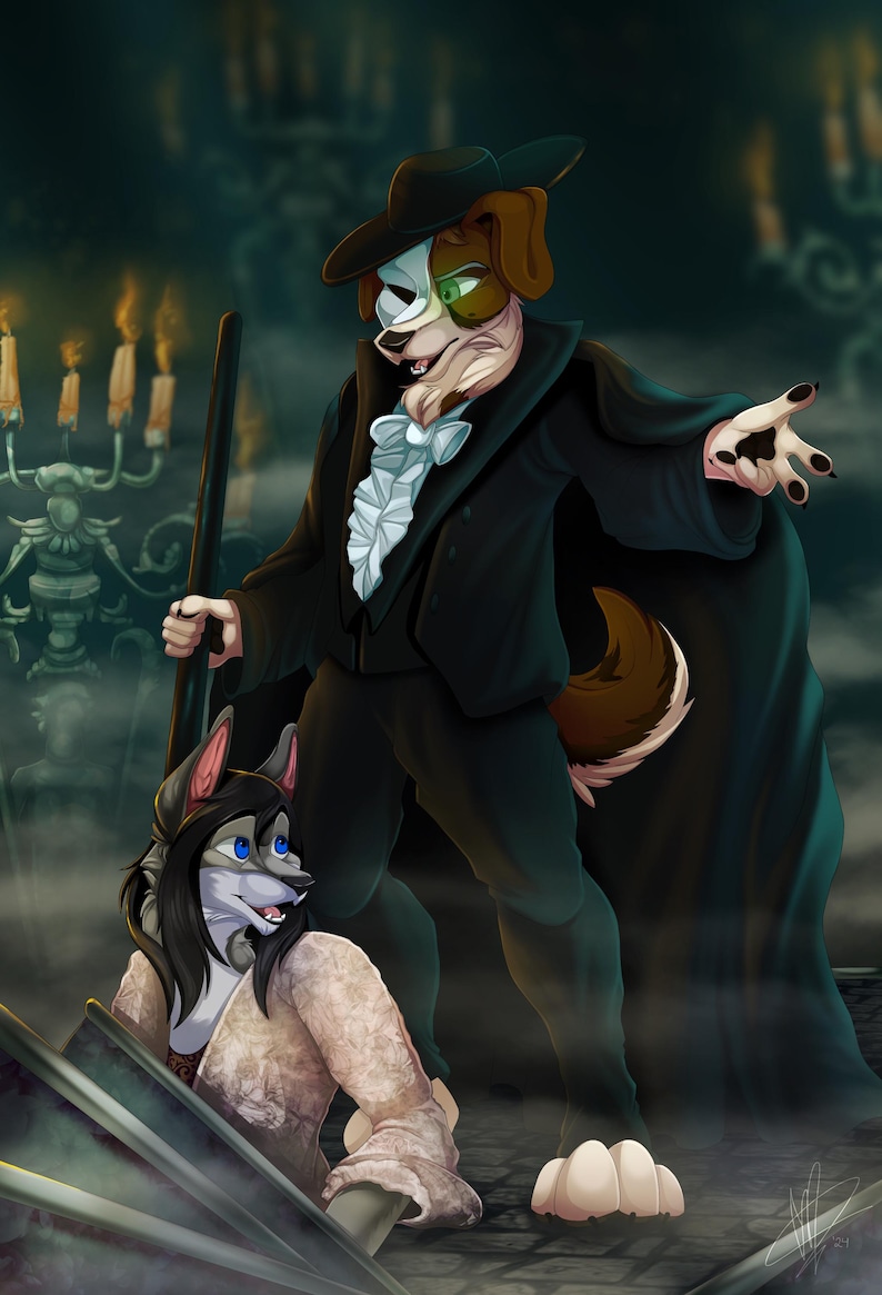 May include: A brown and white dog wearing a black suit and a top hat, with a white mask over its nose and mouth, stands with its right paw raised. A gray and white wolf wearing a white and pink dress looks up at the dog.