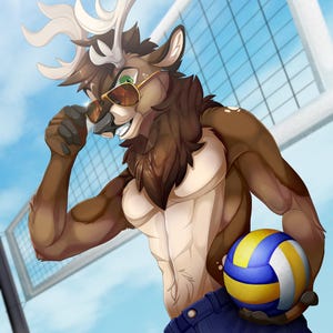 May include: A brown furry deer with antlers wearing sunglasses and blue jeans holds a yellow and blue volleyball.