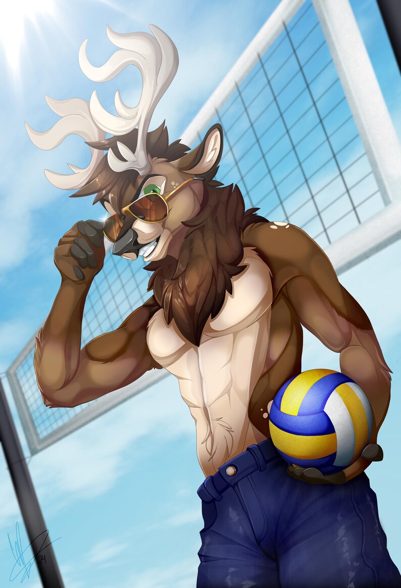 May include: A brown furry deer with antlers wearing sunglasses and blue jeans holds a yellow and blue volleyball.
