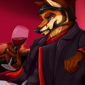 May include: A furry, anthropomorphic figure in a black pinstripe suit with a red shirt, holding a glass of red wine. The figure has a serious expression and is looking to the side.