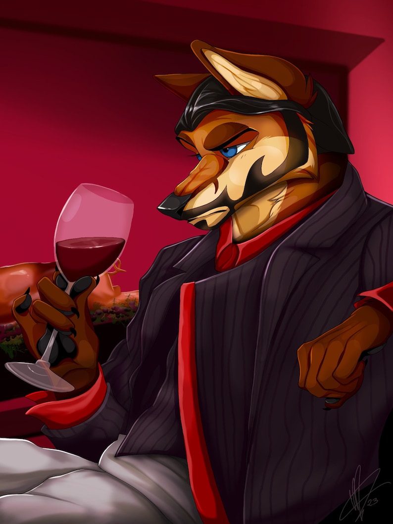 May include: A furry, anthropomorphic figure in a black pinstripe suit with a red shirt, holding a glass of red wine. The figure has a serious expression and is looking to the side.