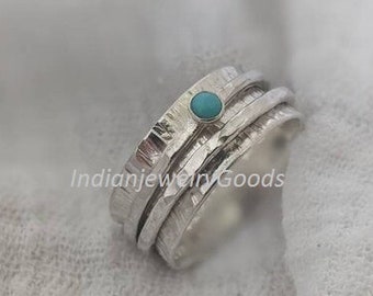 Larimar Spinner Ring, Sterling Silver Ring Women, Meditation Fidget Ring, Wide Band Two Tone Ring, Blue Stone, Worry Hammered RingEtsy Etsy