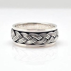 Men's Sterling Silver Braid Spinner Ring, Braided Spinner Rings For Women, Fidget Ring Band, Wide Band Ring, Handcrafted Band, Gift For Him image 4