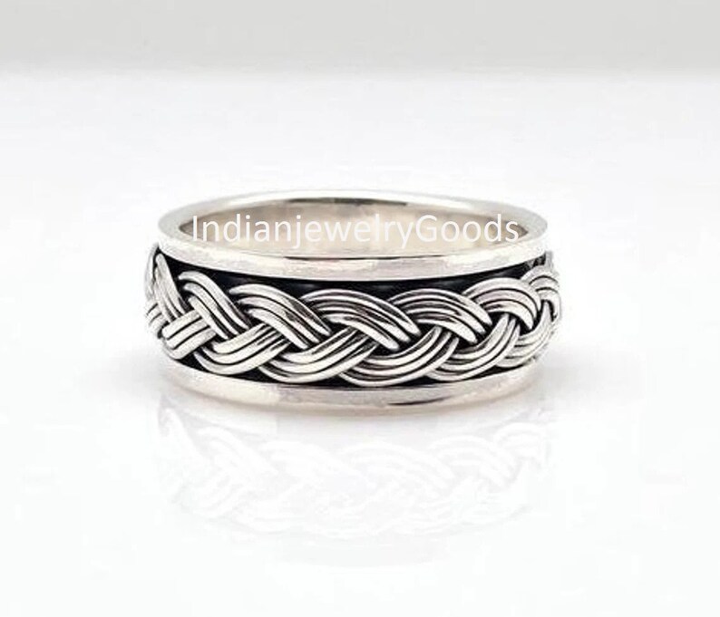 Men's Sterling Silver Braid Spinner Ring, Braided Spinner Rings For Women, Fidget Ring Band, Wide Band Ring, Handcrafted Band, Gift For Him image 2