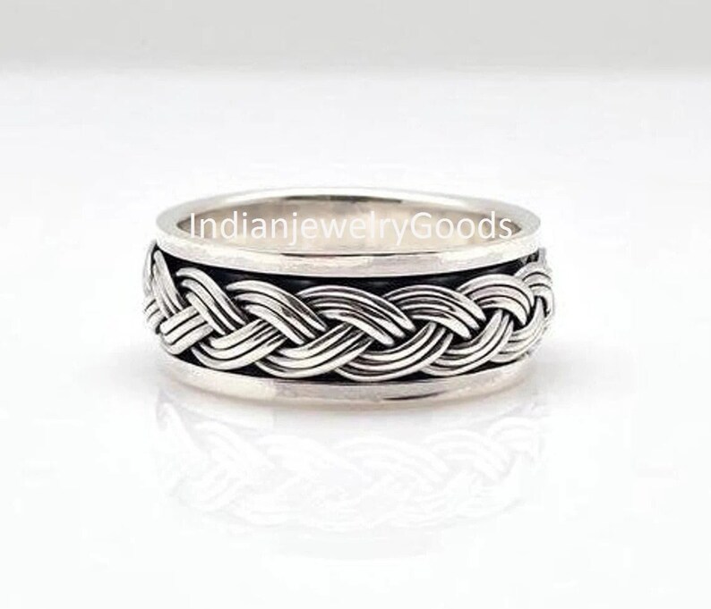 Men's Sterling Silver Braid Spinner Ring, Braided Spinner Rings For Women, Fidget Ring Band, Wide Band Ring, Handcrafted Band, Gift For Him image 1