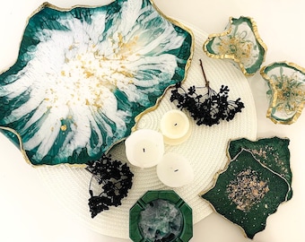Grünes Epoxidharz Set I Decoratives Servierset mit Obstschale, Untersetzer, Aschenbecher, kleine Schalen I Frühling & Tischdeko I Geschenk