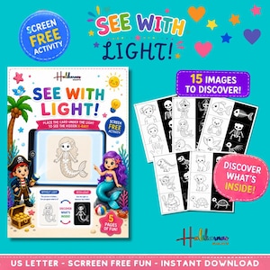 May include: A children's activity set with the text "SEE WITH LIGHT!" and "SCREEN FREE ACTIVITY". The set includes a book with a mermaid illustration and cards with hidden images revealed under light. Includes 15 images to discover.