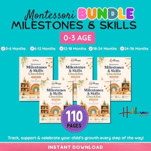 May include: A digital Montessori Milestones & Skills bundle for ages 0-3, featuring five checklists covering 0-36 months. The set includes 110 pages with illustrations of toys, rainbows, and developmental trackers. Text includes Montessori Milestones & Skills, 0-3 Age, and Halikarnas Crafts.