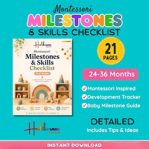 Puede incluir: Una lista de verificación de hitos y habilidades Montessori de 21 páginas para 24-36 meses. La portada beige muestra ilustraciones de juguetes de madera, un arcoíris y un oso de peluche, junto con el título y etiquetas de seguimiento.