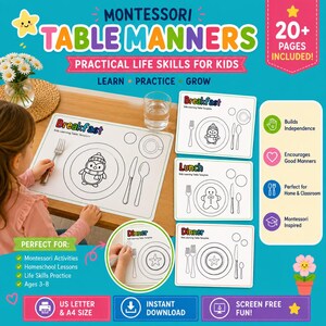 May include: A Montessori table manners learning set for kids featuring printable placemats with outlines for breakfast, lunch, and dinner. The pages include illustrations of a penguin, gingerbread man, and starfish, with text labels and utensil outlines.