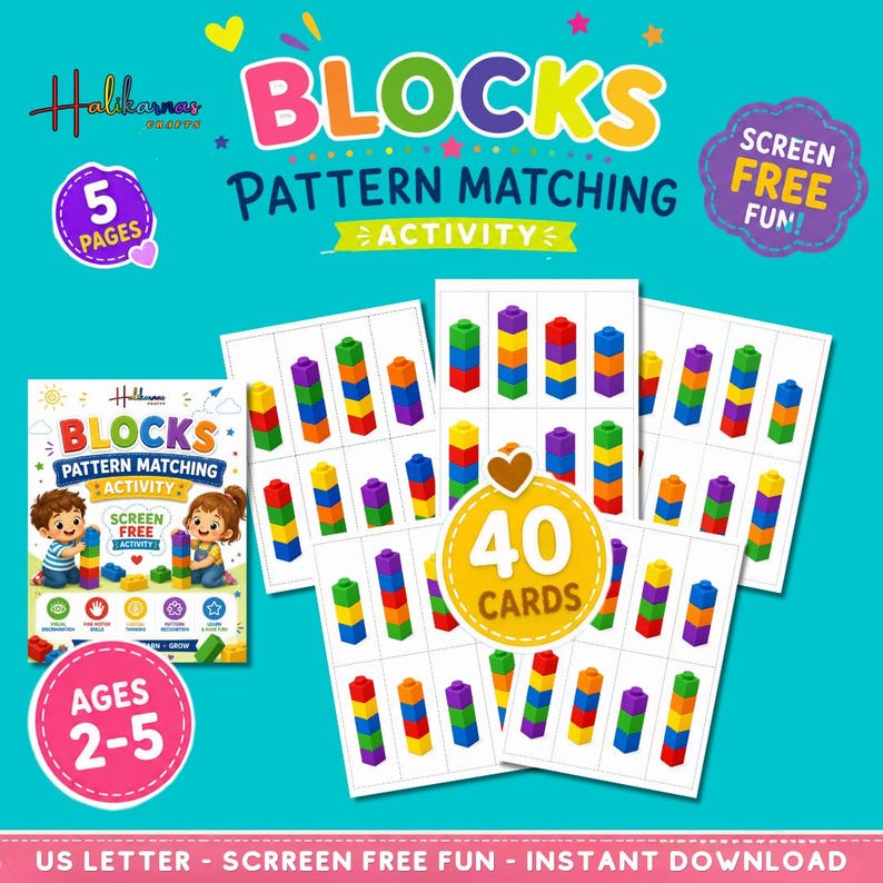 Block Matching Task Kids Blocks Pattern Matching Activity, Educational Game, Homeschool ...