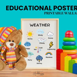 Póster del tiempo imprimible, arte mural educativo para niños, decoración de aulas Montessori, aprendizaje en casa, sala de juegos para niños pequeños, gráfico preescolar