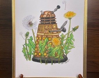Doctor Who inspired Dalek, dandelion fine art watercolor illustration-gift