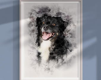 May include: Watercolor painting of a black and white dog with a happy expression. The dog's tongue is sticking out and its eyes are open. The background is a light gray with splashes of black and white paint.