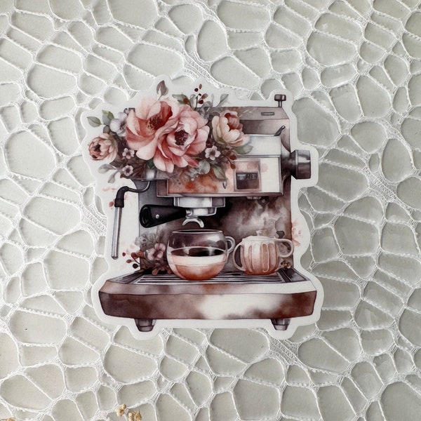 Die cut Sticker Coffee Machine with Flowers | Transparent Sticker Die Cut | Coffee Machine | It measures approximately 3in tall