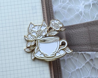 Coffee or Tea Journal Clip | Journaling accessory | White and Gold Coffee or Tea Journaling Clip