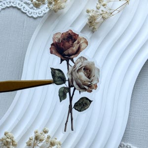 Könnte beinhalten: Ein Aufkleber mit zwei Rosen, eine braune und eine cremefarbene, mit grünen Blättern. Die Rosen befinden sich auf einem weißen, wellenförmigen Hintergrund, mit kleinen getrockneten Blumen. Eine Pinzette hält den Aufkleber.