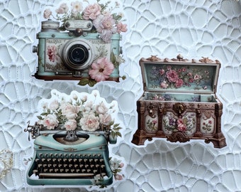 Die cut Vintage Photo Camera, Typewriter, Treasure Box | Transparent Sticker Die Cut | Measures approximately 3in each