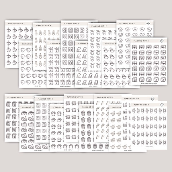 Icons printed on Transparent Matte Sticker Paper | Coffee, Laundry, Money, Clean, Car Wash, Dog Paw, Vacuum, Water, Groceries and more