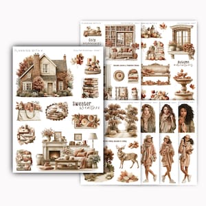 May include: A collection of sticker sheets titled Planning With K featuring autumn-themed illustrations including a brick house, cosy living room scenes, stacks of books, pumpkins, fall foliage, and people wearing sweaters in warm brown and orange tones.