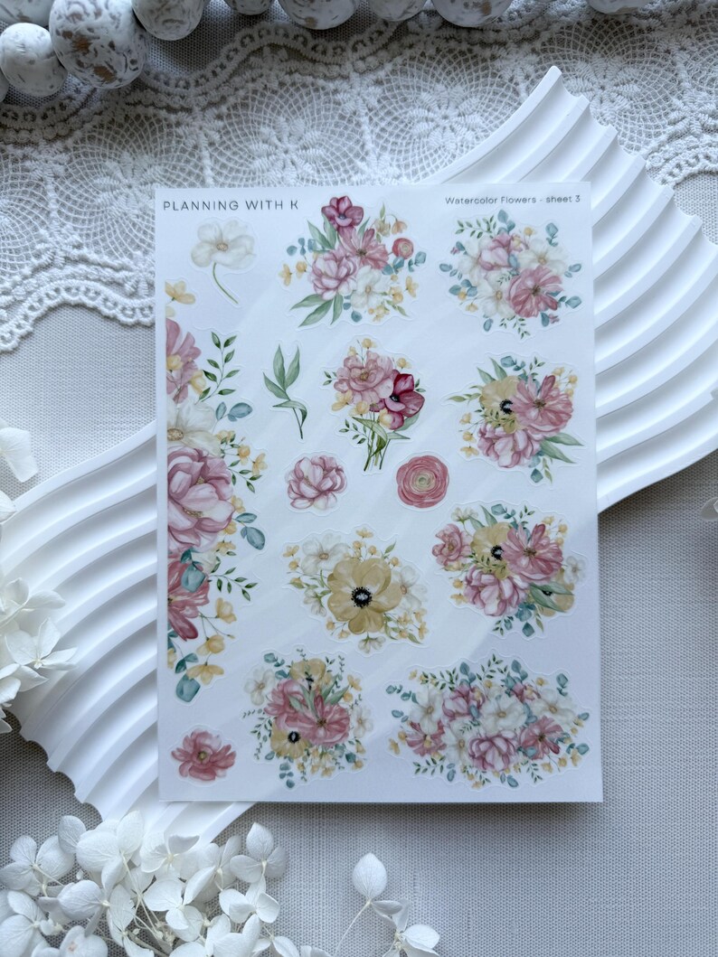Watercolor Flowers Stickers, Pastel Colors, Planner Journal Stickers ...