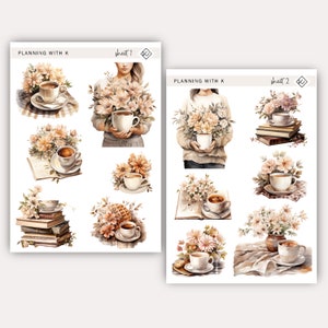 Stickers café et fleurs pour agendas, journaux | Stickers fleurs neutres Coffee & Beautiful imprimés sur du papier autocollant mat transparent