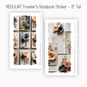 May include: Two white sticker sheets for a traveler's notebook, each 8 inches tall. One sheet features floral stamp designs with blue, peach, and yellow flowers. The other sheet has floral arrangements and handwritten text. The text on the stickers reads "PLANNING WITH K" and "Blooming Days".