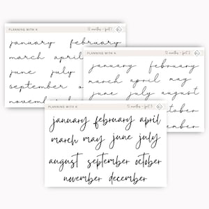 May include: Three sheets of stickers with handwritten month names in different fonts. The first sheet has January, February, March, April, June, July, September, and November. The second sheet has January, February, March, April, May, June, July, August, October, and November. The third sheet has January, February, April, March, May, June, July, August, September, October, November, and December.