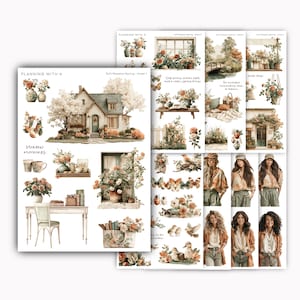 Op de afbeelding: Een verzameling printbare plannerstickers met aquarel illustraties. De ontwerpen omvatten bloemstukken, een huisje, vlinders en vrouwen in verschillende outfits. De tekst "Planning with K" en "Soft Meadow Spring" zijn zichtbaar.