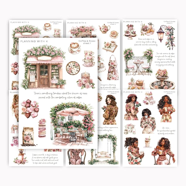 Coffee and Roses Stickers for planners, journals | Stickers printed on Transparent Matte Sticker Paper | Coffee & Roses Stickers