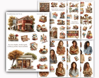 May include: A collection of sticker sheets featuring a cozy, autumnal theme. The sheets include illustrations of books, coffee cups, pumpkins, and women reading. Text includes "Planning with K" and phrases like "One more chapter, hearts unfold."