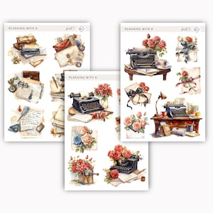 Cartas Vintage, Papel, Canetas, Adesivos de Mesa para planejadores, diários | Adesivos Vintage Impressos em Papel Adesivo Transparente Fosco