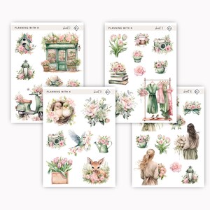 Grün, Pink Frühling Aufkleber für Planer, Journals | Frühling, Blumen Sticker gedruckt auf Transparentem Matte Sticker Papier